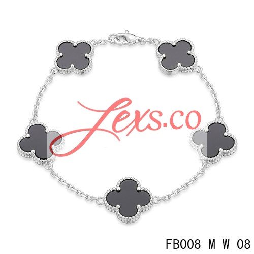 Van Cleef Arpels Fake Vintage Alhambra 5 Black Onyx Motifs White Gold Bracelet