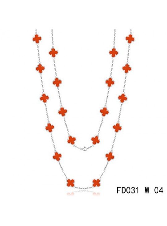 Van Cleef & Arpels Replica Vintage Alhambra 20 Motifs Long Necklace White Gold Carnelian
